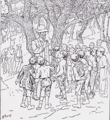 Ο Δασάρχης εξηγεί στα παιδιά τη λειτουργία της φύσης (από την έκδοση των «Ψηλών Βουνών» του 1918, με εικονογράφηση Πέτρου Ρούμπου). 