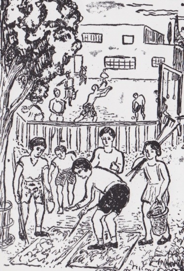 Τα παιδιά εργάζονται στο σχολικό κήπο  (από το αναγνωστικό της β’ τάξης του δημοτικού σε εικογράφηση Γεράσιμου Στέρη) 